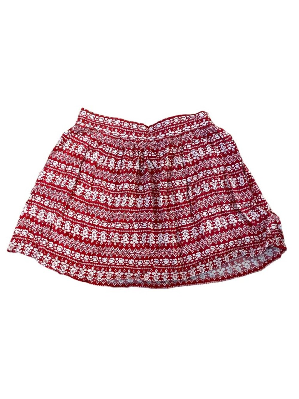 Girls Red & White Floral Elastic Waist Skirt L (10-12) Lightweight Cotton Blend
